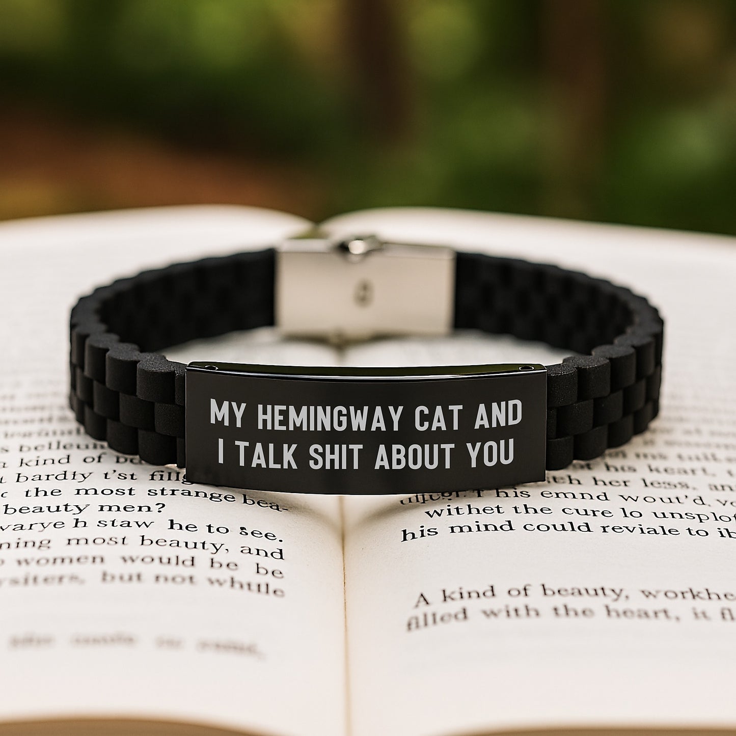 Hemingway Cat Funny Quote Gift for Men Friends Coworkers - Glide lock Clasp Black Stainless Steel Silicone Adjustable Bracelet - Image 2