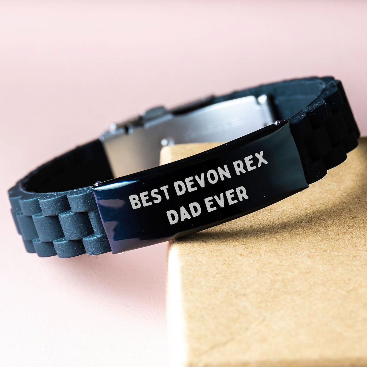 Funny Devon Rex Cat Gifts for Men - Black Glide lock Clasp Bracelet, Birthday Unique Gifts from Dad or Friend - Best Devon Rex Dad Ever - Image 3