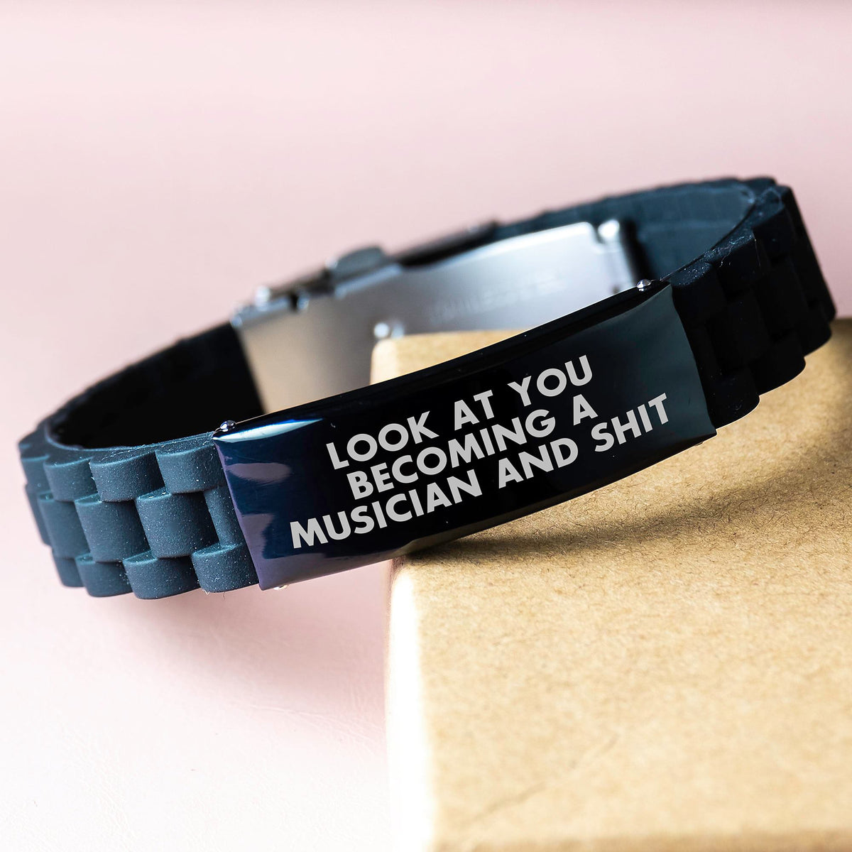 Funny Musician Gifts: Glide lock Clasp Black Stainless Steel Silicone Adjustable Bracelet, Look At You Becoming A Musician And Shit, Gifts from Friends to Musician, Perfect Graduation Unique Gifts - Image 3