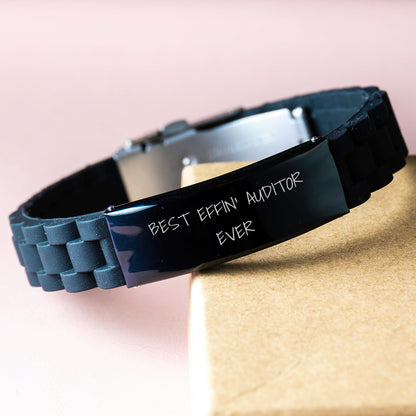Funny Quotes for Auditor - Gifts from Men to Best Effin' Auditor Ever - Glide lock Clasp Bracelet for Auditor on Mother's Day - Adjustable Black Silver Stainless Steel Silicone Gift - Image 3