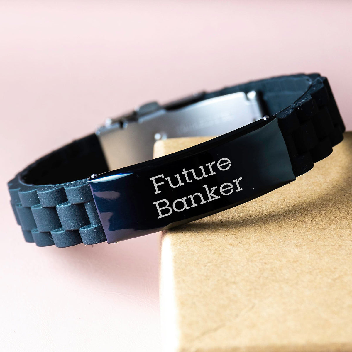 Funny Future Banker Inspirational Quote Gifts for Men Banker Glide lock Clasp Bracelet, Adjustable Black Stainless Steel and Silicone, Gifts from Friends to Graduation Unique Gifts - Image 3