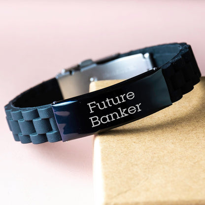 Funny Future Banker Inspirational Quote Gifts for Men Banker Glide lock Clasp Bracelet, Adjustable Black Stainless Steel and Silicone, Gifts from Friends to Graduation Unique Gifts - Image 3