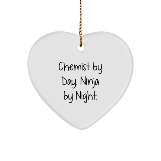 Funny Chemist Gifts from Friends Christmas Unique Ornament - Heart Shaped - Chemist By Day. Ninja By Night. - Image 1