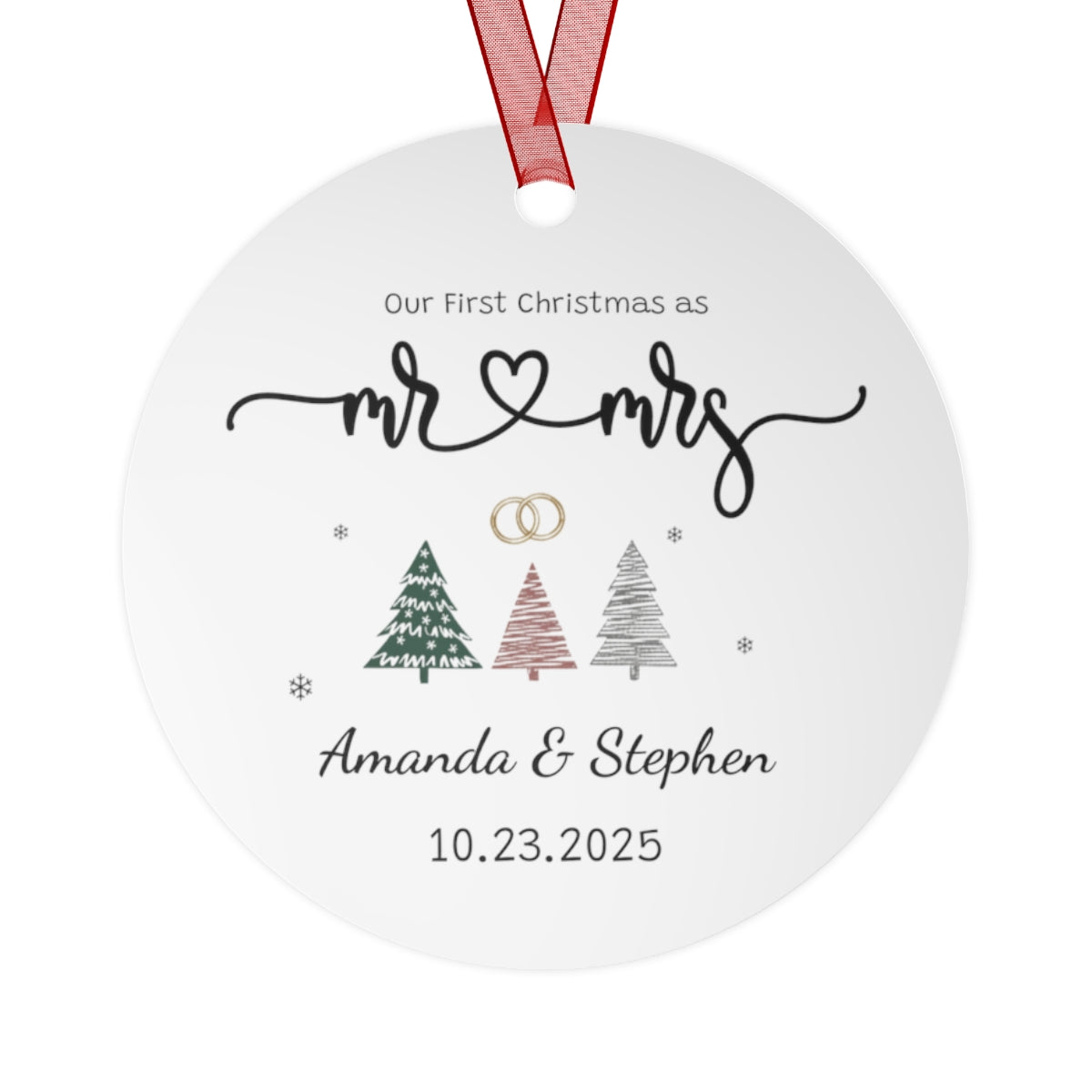 ✨ Our First Christmas as Mr & Mrs – Personalized Newlywed Metal Ornament (Round, Oval, or Bell Shape) ✨