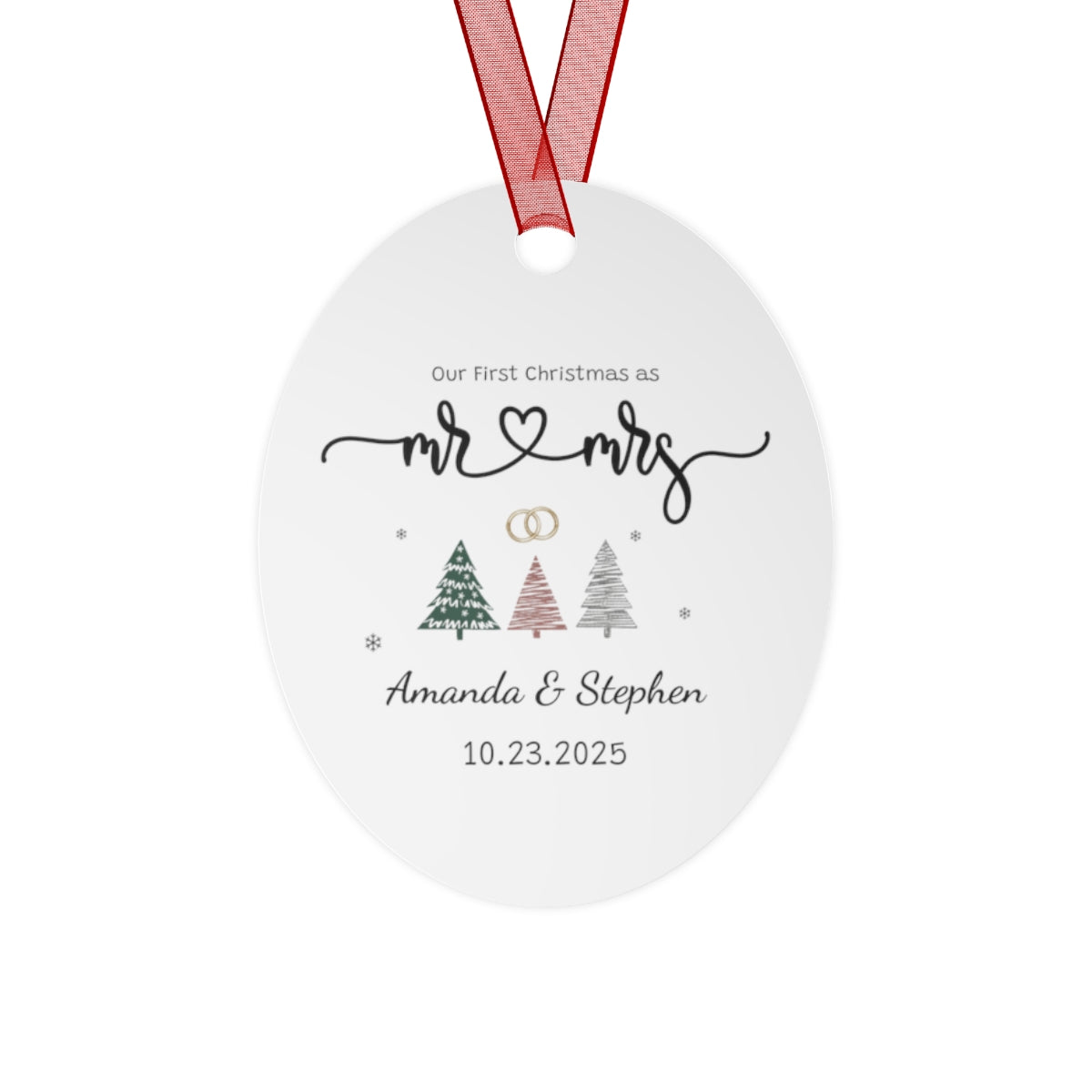 ✨ Our First Christmas as Mr & Mrs – Personalized Newlywed Metal Ornament (Round, Oval, or Bell Shape) ✨