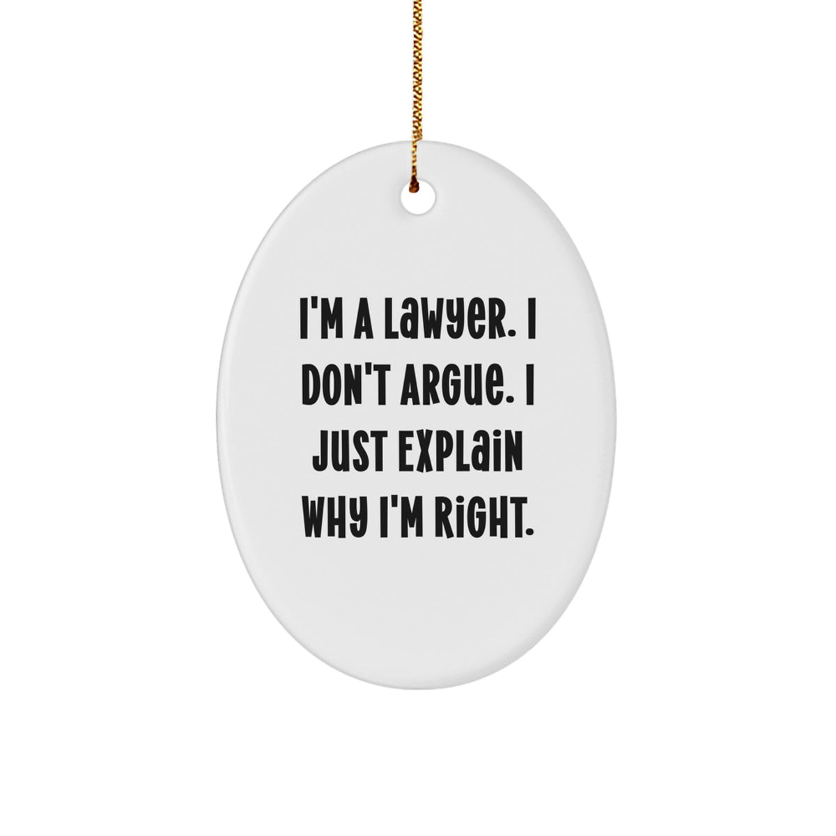 Funny Lawyer Gifts from Friends for Men, Oval Ornament Christmas Unique Presents with 'I'm A Lawyer. I Don't Argue. I Just Explain Why I'm Right.' Quote - Image 1