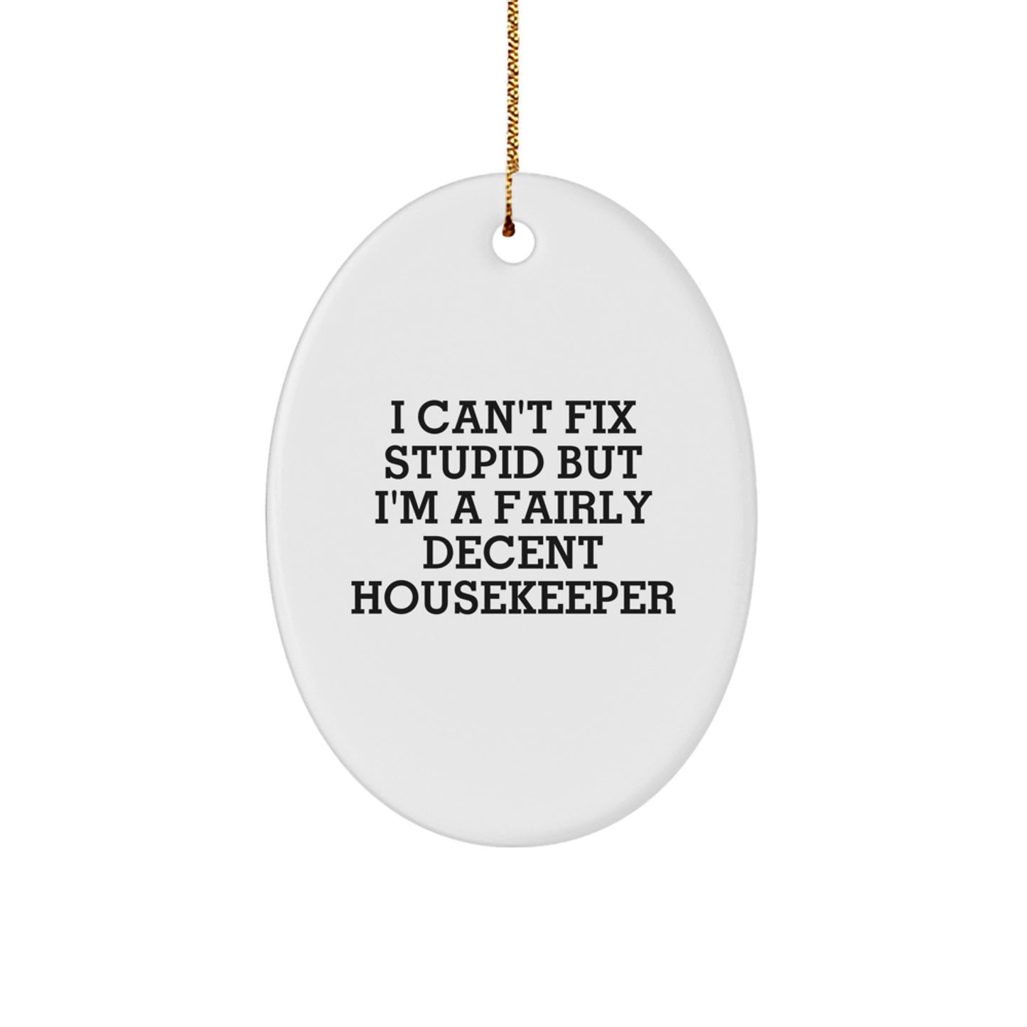 Funny Housekeeper Oval Ornament Gifts from Friends, Christmas Unique Housekeeper Presents, I Can't Fix Stupid But I'm A Fairly Decent Housekeeper - Image 1