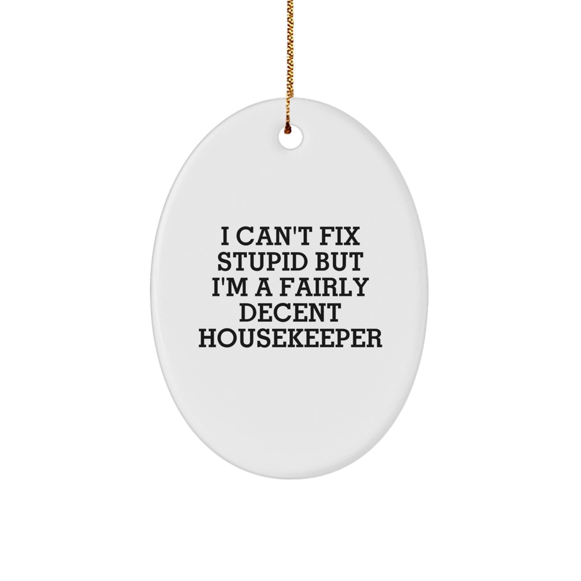 Funny Housekeeper Oval Ornament Gifts from Friends, Christmas Unique Housekeeper Presents, I Can't Fix Stupid But I'm A Fairly Decent Housekeeper - Image 1