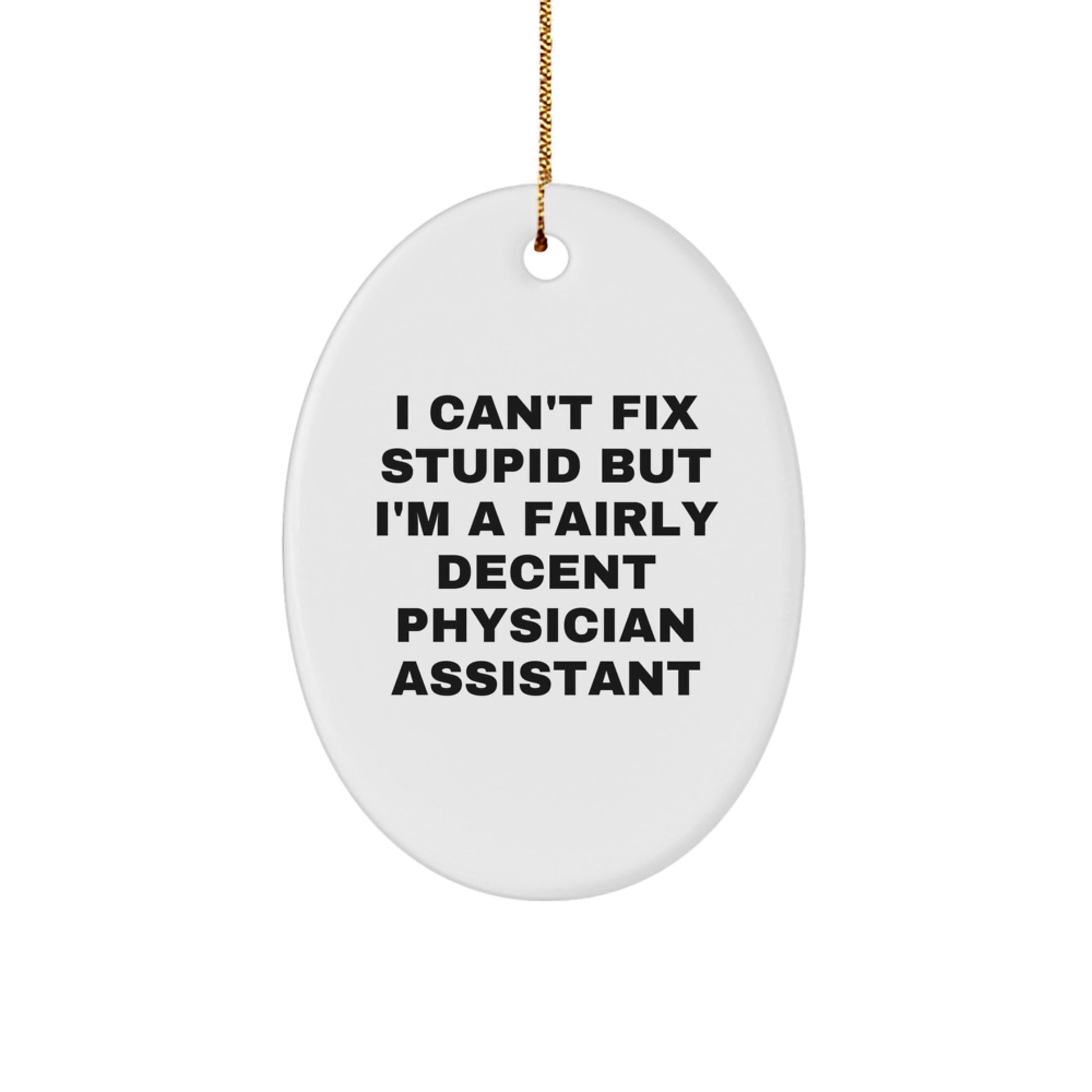 Gifts from Friends for Physician Assistant Christmas Unique Ornament - Oval Shaped 'I Can't Fix Stupid But I'm A Fairly Decent Physician Assistant' Funny Quote - Image 1