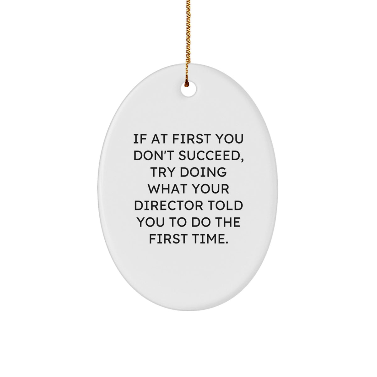 Funny Director Gifts from Friends for Christmas Unique Oval Ornament, 'If At First You Don't Succeed, Try Doing What Your Director Told You To Do The First Time.' - Image 1