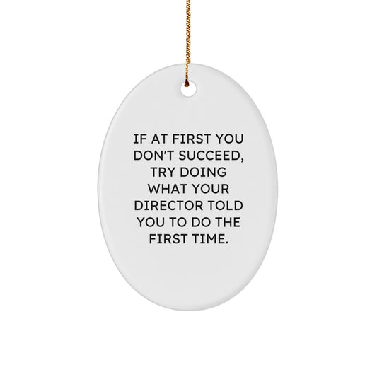 Funny Director Gifts from Friends for Christmas Unique Oval Ornament, 'If At First You Don't Succeed, Try Doing What Your Director Told You To Do The First Time.' - Image 1