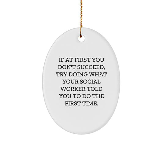Funny Social Worker Gifts from Friends for Men Oval Ornament Quote If At First You Don't Succeed Try Doing What Your Social Worker Told You To Do The First Time Christmas Decoration - Image 1