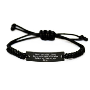 Pilot Gifts from Family, Unique Rope Bracelet for Men, Funny Quote Black Stainless Steel Engraved Gift for Christmas - Image 1