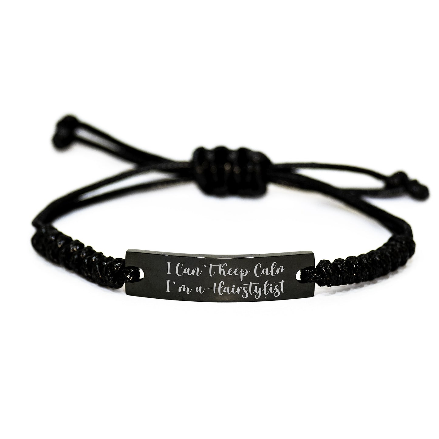 Hairstylist Funny Quote Rope Birthday Unique Gift for Her Friends Coworkers, I Can't Keep Calm I'm A Hairstylist, Black Adjustable Rope Bracelet with Engraved Part - Image 1