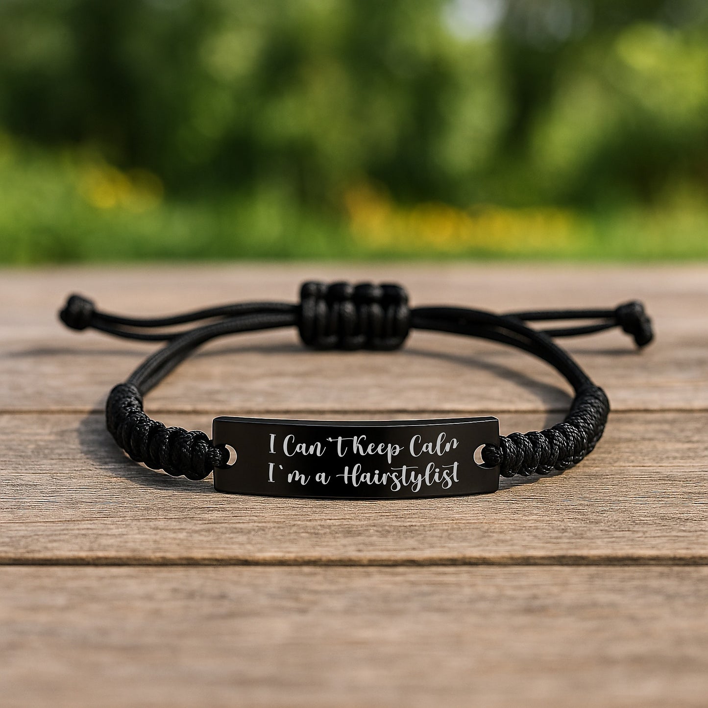 Hairstylist Funny Quote Rope Birthday Unique Gift for Her Friends Coworkers, I Can't Keep Calm I'm A Hairstylist, Black Adjustable Rope Bracelet with Engraved Part - Image 2
