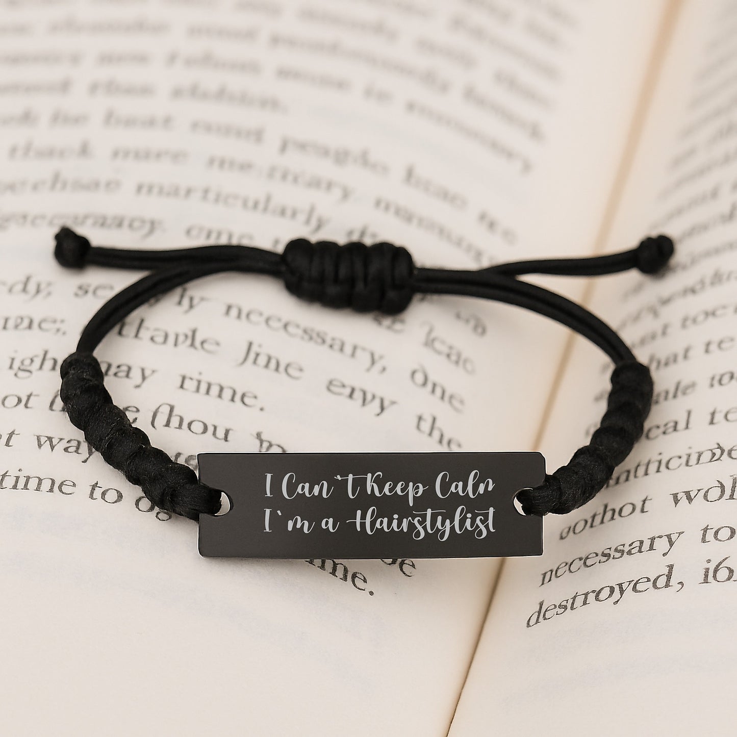 Hairstylist Funny Quote Rope Birthday Unique Gift for Her Friends Coworkers, I Can't Keep Calm I'm A Hairstylist, Black Adjustable Rope Bracelet with Engraved Part - Image 3