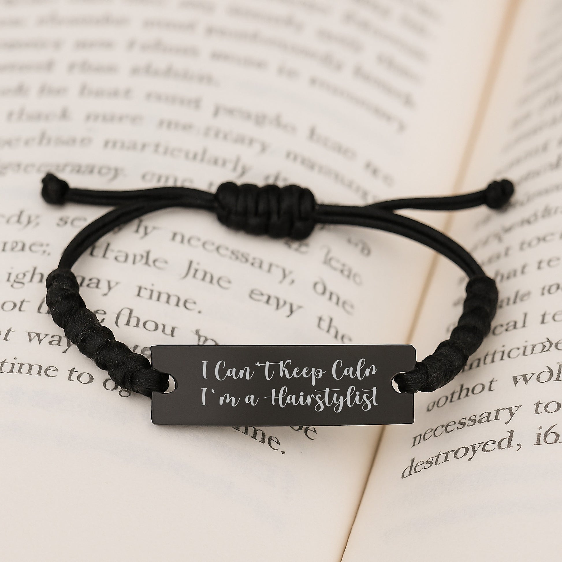 Hairstylist Funny Quote Rope Birthday Unique Gift for Her Friends Coworkers, I Can't Keep Calm I'm A Hairstylist, Black Adjustable Rope Bracelet with Engraved Part - Image 3