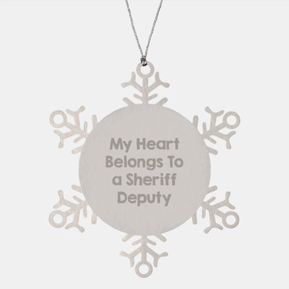 Funny Sheriff Deputy Gifts - My Heart Belongs To A Sheriff Deputy Snowflake Ornament, Christmas Unique Gifts for Sheriff Deputy, Men, Women, Friends, Coworkers, Family - Image 1