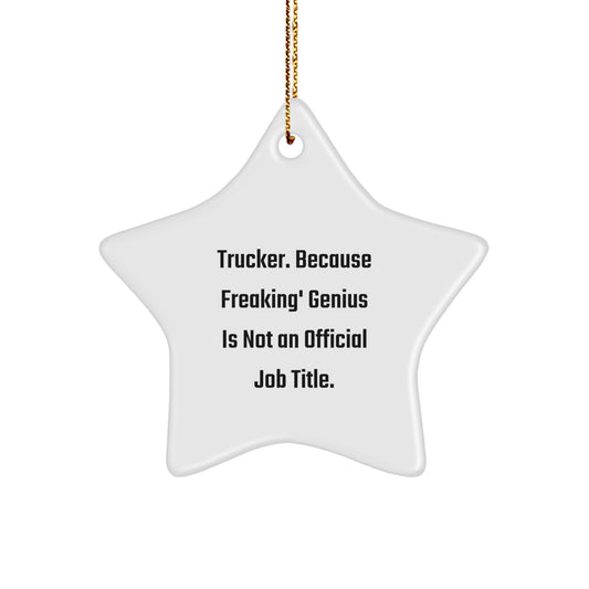 Trucker's genius Star Ornament, Gifts for Men, Funny Quote from Friends, Perfect Christmas Decor, White Star Shaped, Durable MDF, High-Gloss Finish, Gift for Him - Image 1