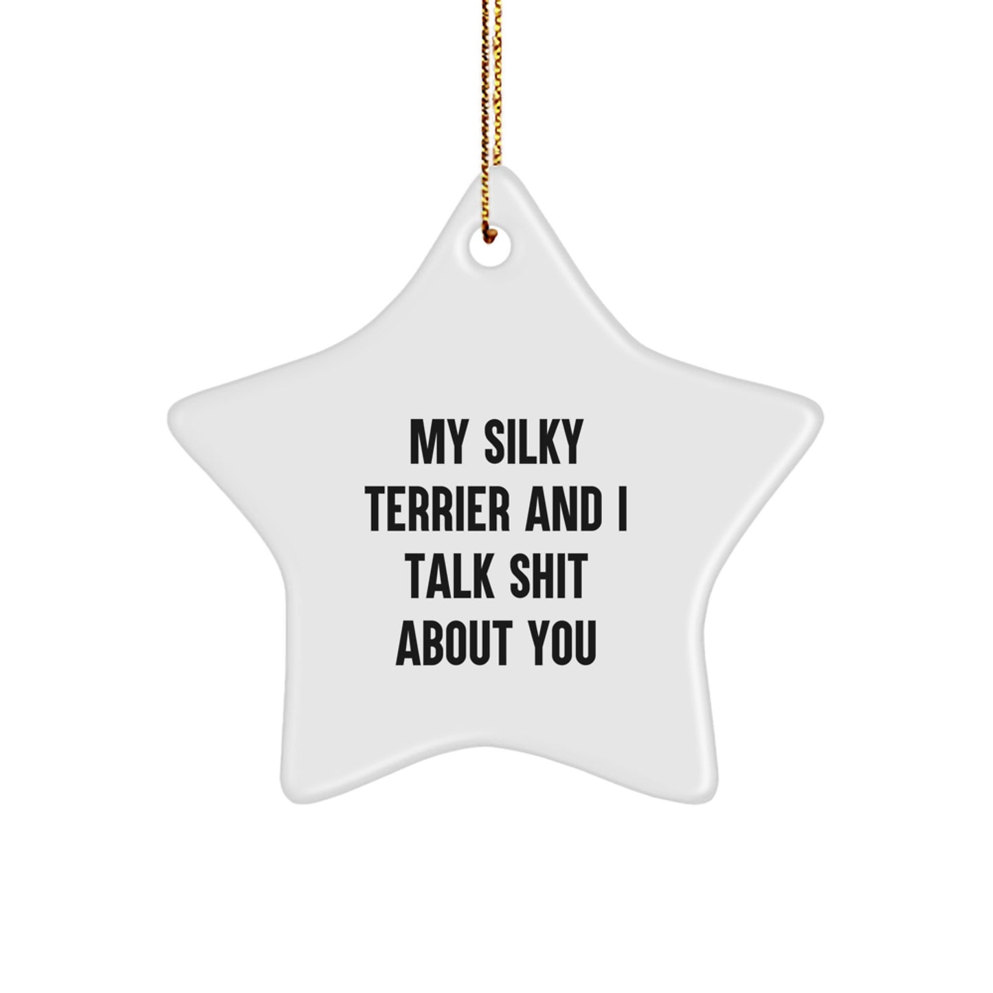 Funny Silky Terrier Dog Gifts for Friends, Christmas Unique Star Ornaments with Quote 'My Silky Terrier And I Talk Shit About You' from Friends, Perfect for Decorations - Image 1