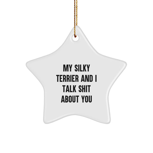 Funny Silky Terrier Dog Gifts for Friends, Christmas Unique Star Ornaments with Quote 'My Silky Terrier And I Talk Shit About You' from Friends, Perfect for Decorations - Image 1
