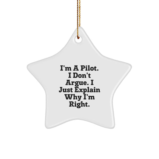 Funny Pilot Gift for Men, 'I'm A Pilot. I Don't Argue. I Just Explain Why I'm Right.' Star Ornament, Christmas Unique Presents from Friends and Family - Image 1