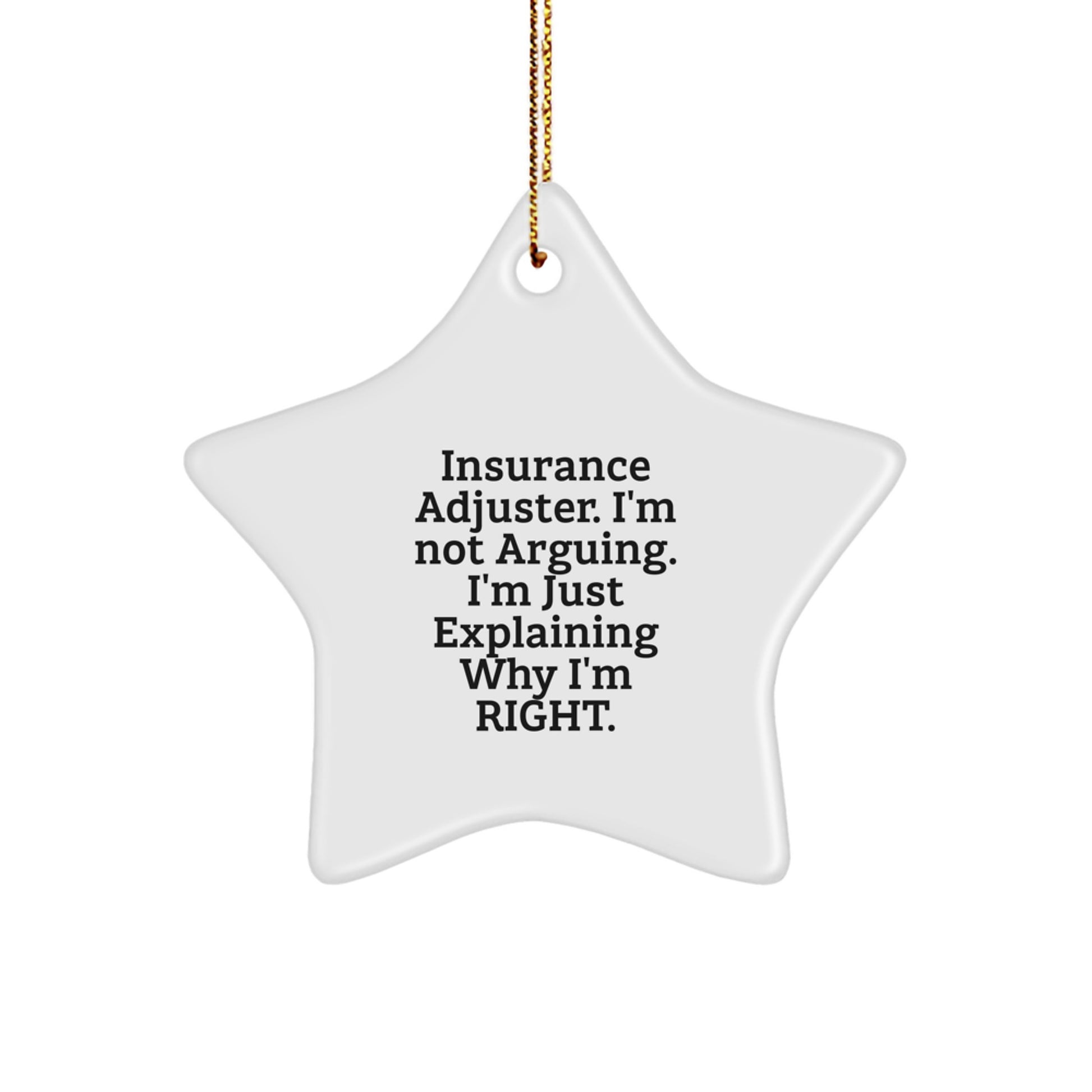 Funny Insurance Adjuster Gifts for Friends and Family Christmas Unique Star Ornaments with 'I'm Not Arguing. I'm Just Explaining Why I'm Right.' - Image 1