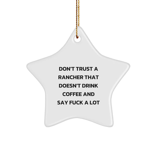 Funny Rancher Gifts for Men, Star Ornament Christmas Unique Presents from Friends, Funny Quote 'Don't Trust A Rancher That Doesn't Drink Coffee And Say F--k A Lot', White Star Shaped Decorations - Image 1