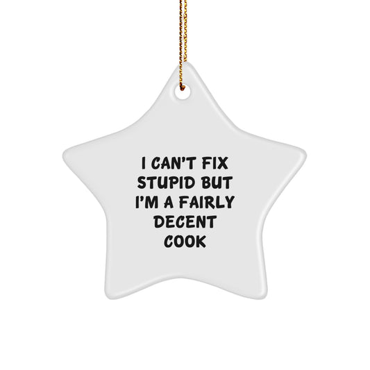 Funny Christmas Unique Gifts for Cooks, Star Ornament with Quote I Can't Fix Stupid But I'm A Fairly Decent Cook, Gifts from Men to Women - Image 1