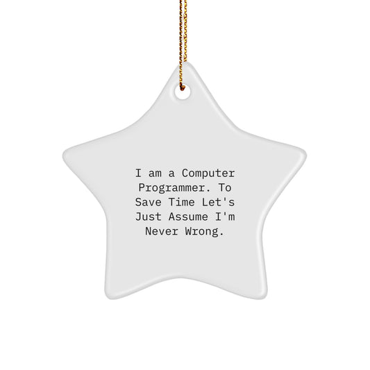 Funny Computer Programmer Gifts from Friends for Men, Star Ornament Christmas Unique Decorations, 'I Am A Computer Programmer. To Save Time Let's Just Assume I'm Never Wrong.' - Image 1