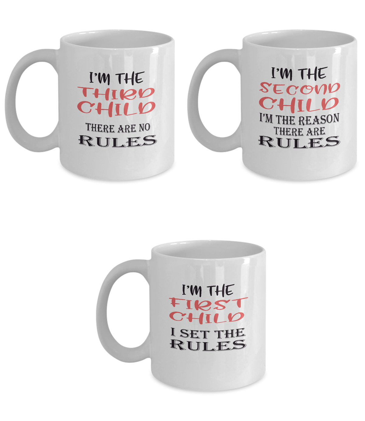 Funny Gift Mugs for Families with Three Children - Rules - Set of Three Ceramic 11oz Mugs - The VIP Emporium