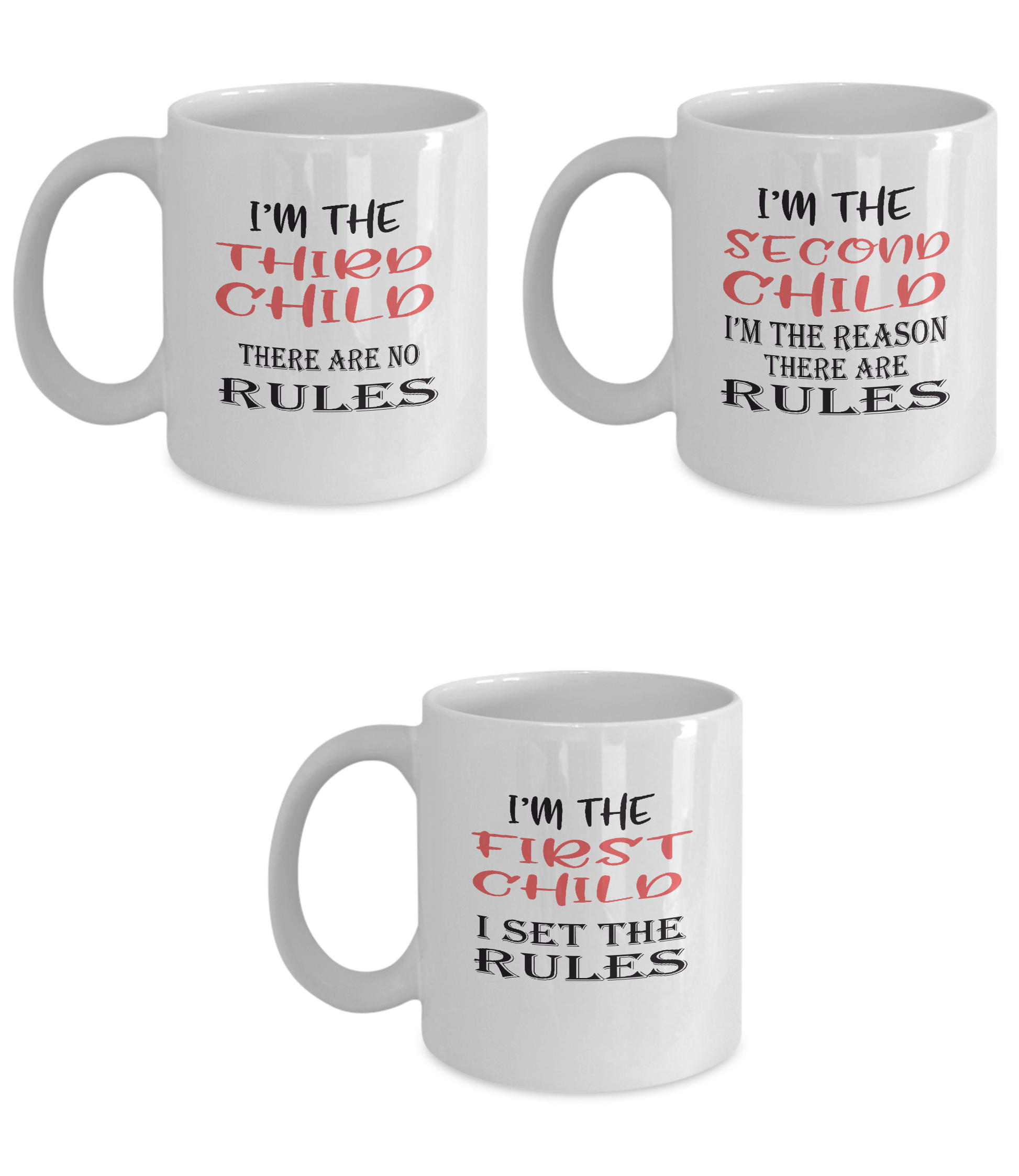 Funny Gift Mugs for Families with Three Children - Rules - Set of Three Ceramic 11oz Mugs - The VIP Emporium