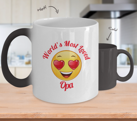 Opa Gift Coffee Mug - Color Changing Ceramic - 11  oz - Grandparent's Day - Father's Day - World's Most Loved - Heart Eyes Emoticon - The VIP Emporium
