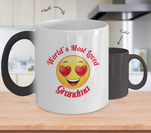 Grandma Gift Coffee Mug - Color Changing Ceramic - 11  oz - Grandparent's Day - Mother's Day - World's Most Loved - Heart Eyes Emoticon - The VIP Emporium