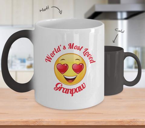 Granpaw Gift Coffee Mug - Color Changing Ceramic - 11  oz - Grandparent's Day - Father's Day - World's Most Loved - Heart Eyes Emoticon - The VIP Emporium