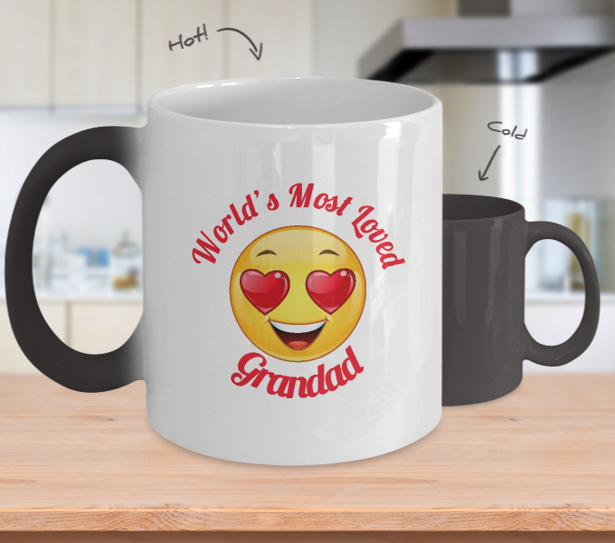 Grandad Gift Coffee Mug - Color Changing Ceramic - 11  oz - Grandparent's Day - Father's Day - World's Most Loved - Heart Eyes Emoticon - The VIP Emporium
